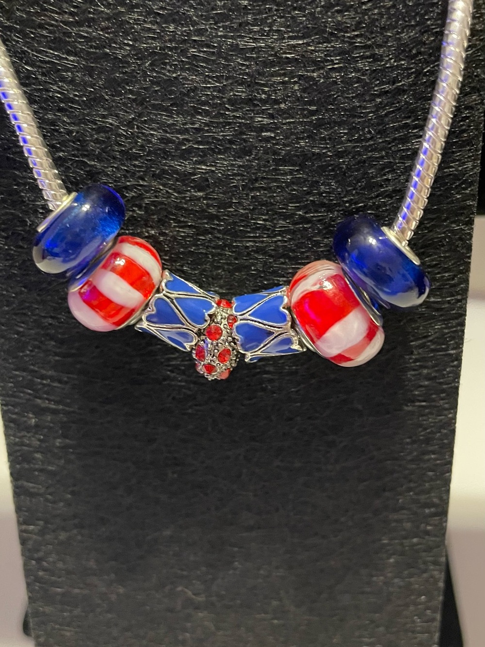 Sterling Silver 8” bracelet with Red, White & Blue Bead charms